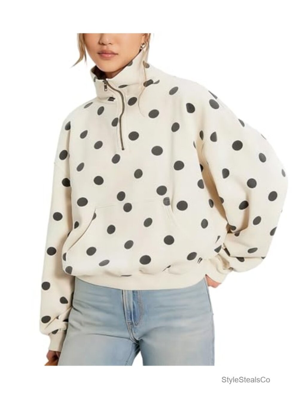 Polka Dot Sweatshirt Cropped Half Zip Pullover Funnel Neck Relaxed